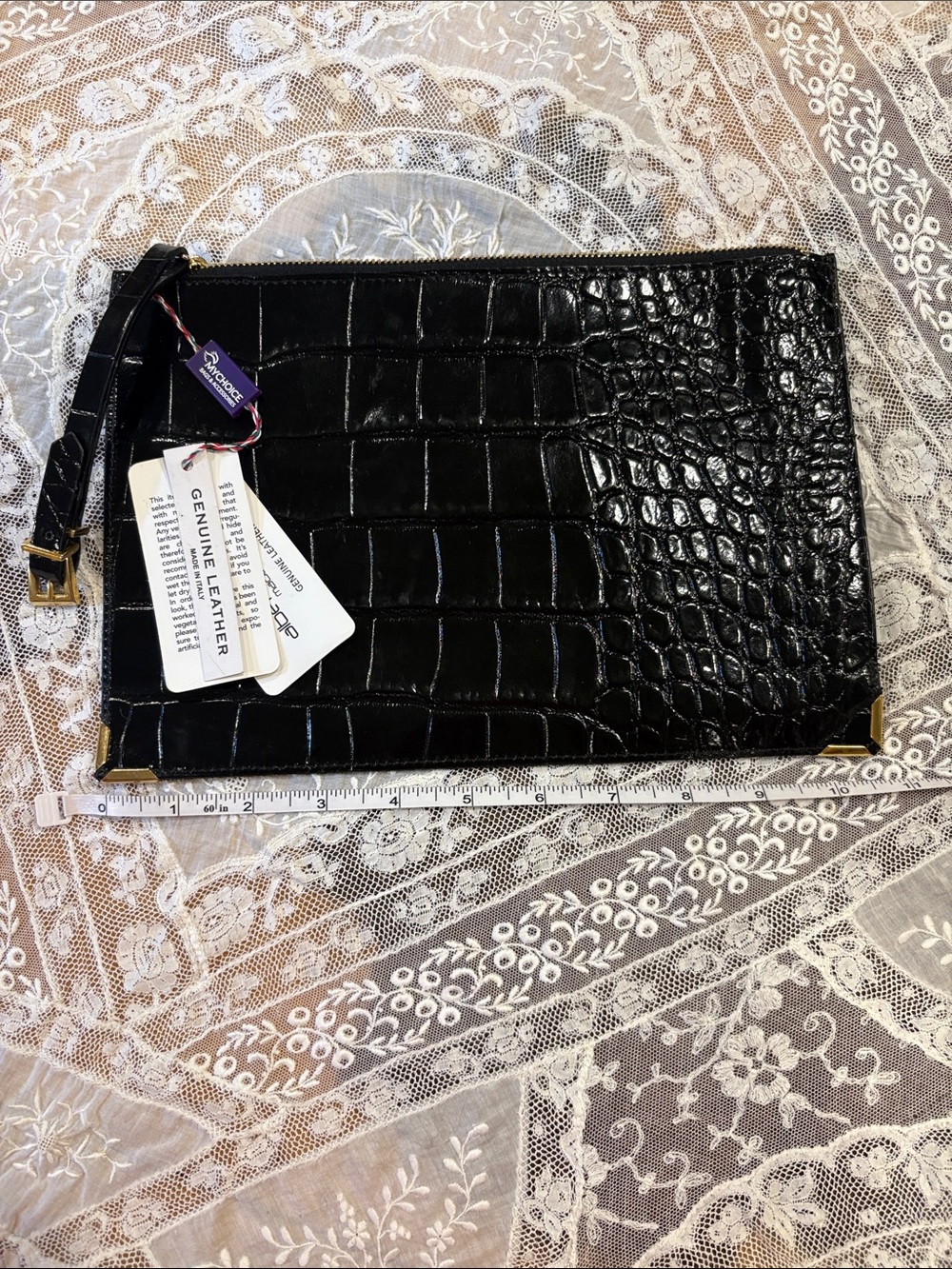 Genuine Leather Black Croc-Embossed Wristlet Clutch